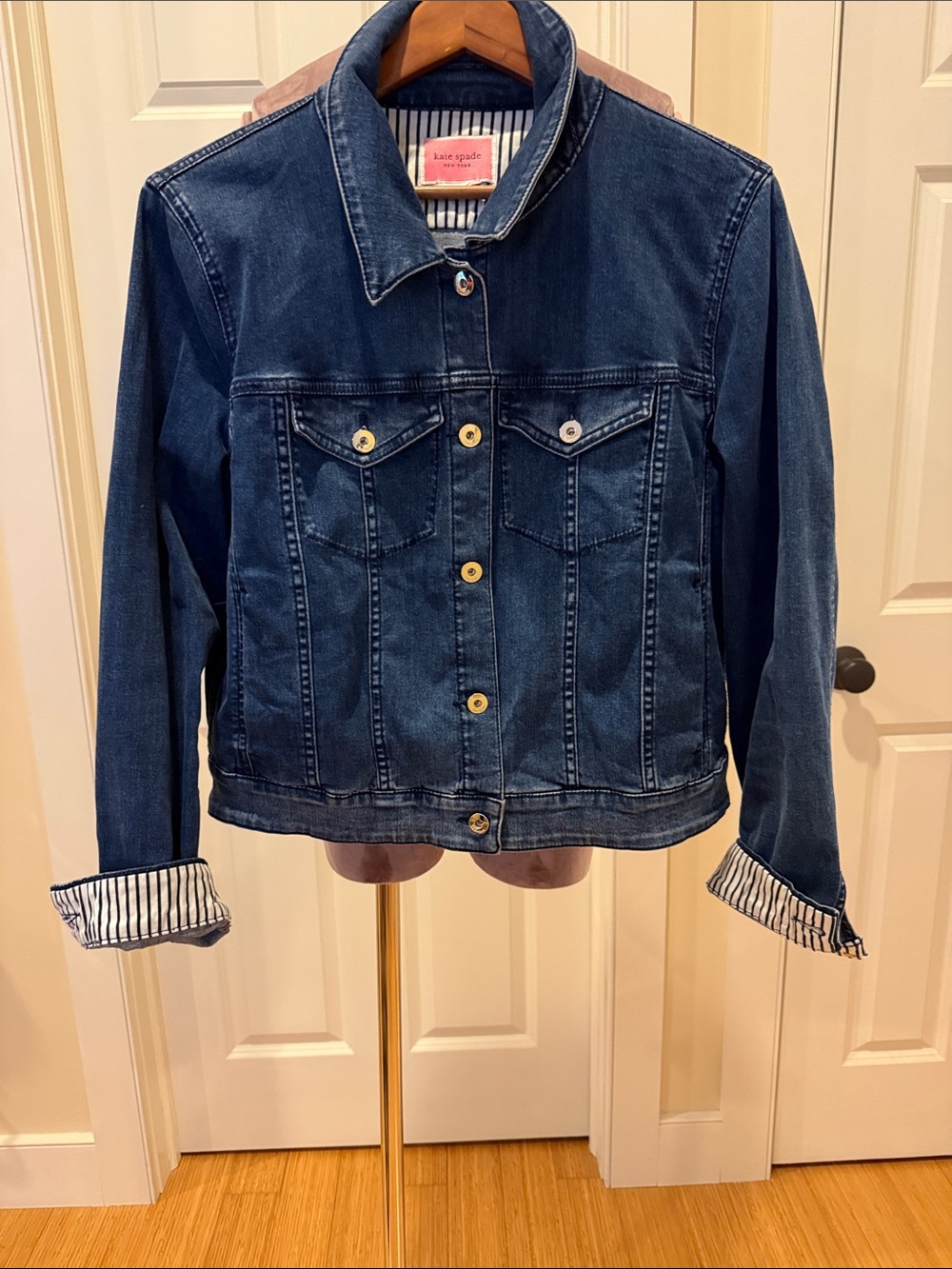 kate spade Dark Blue Denim Trucker Jacket with b/w stripe cuff
